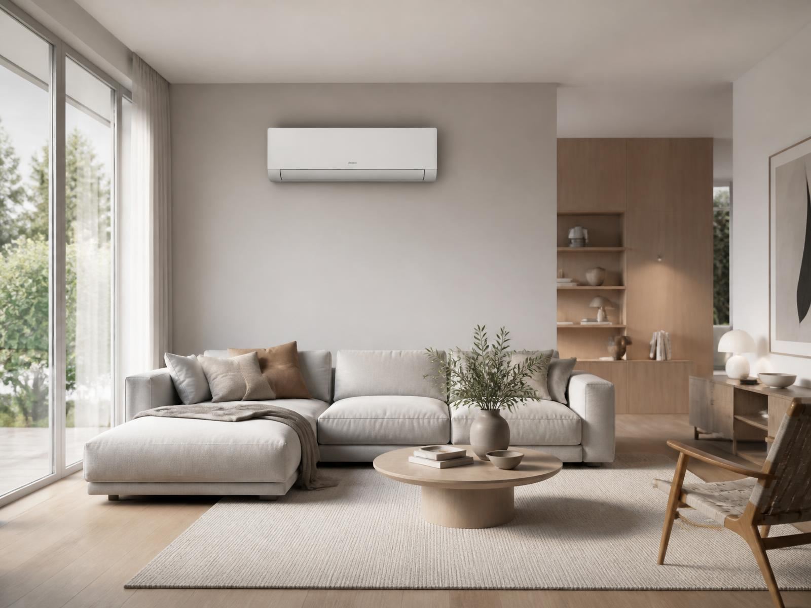 Jasny salon z estetycznie zamontowaną jednostką wewnętrzną klimatyzacji na ścianie