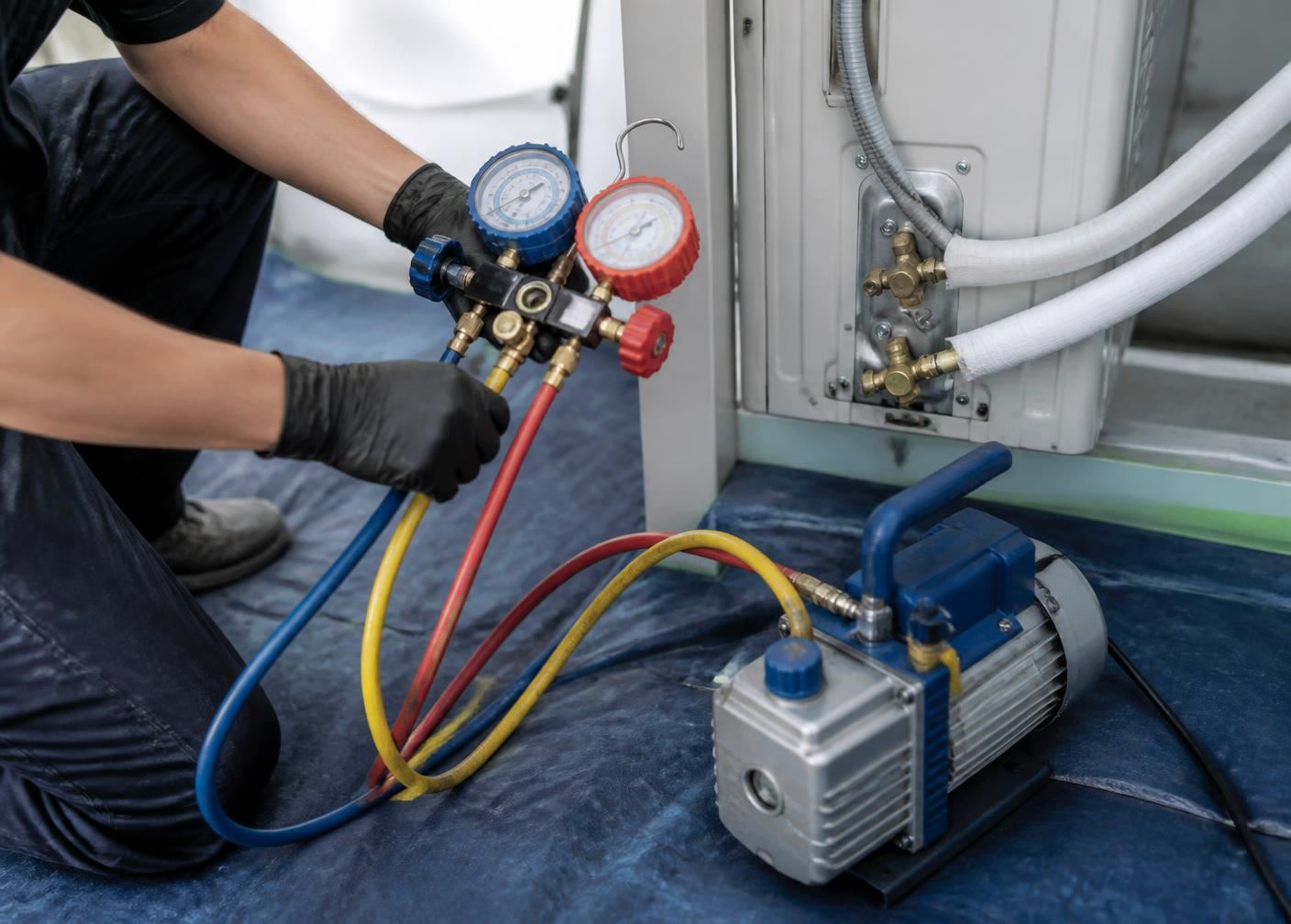 Instalator wykonuje próżnię i sprawdza szczelność instalacji klimatyzacji