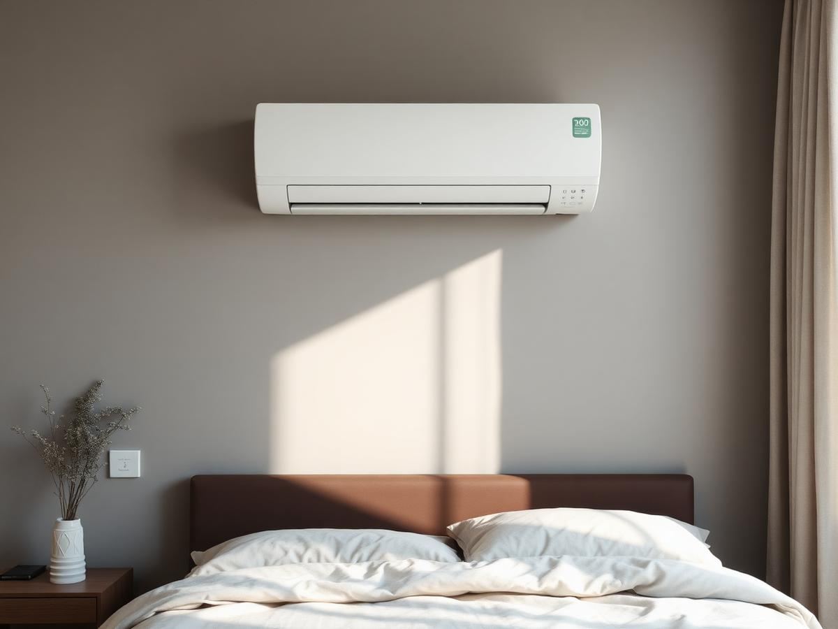 Klimatyzator ścienny zamontowany nad łóżkiem w sypialni w Kaliszu